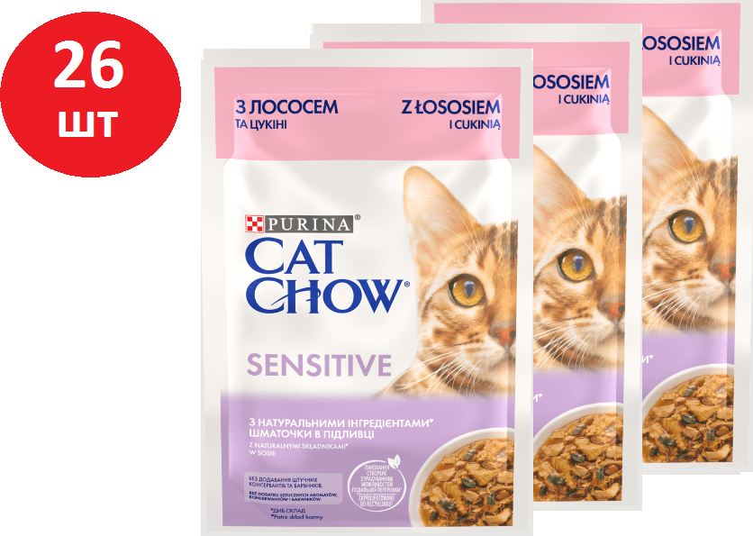 Акція на Влажный корм Cat Chow Sensitive для взрослых котов с чувствительным пищеварением в подливке с лососем и цукини 26х85г (12506323) від Stylus