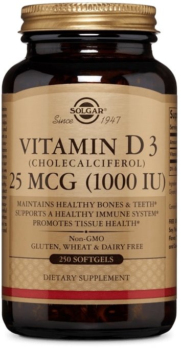 

Solgar Natural Vitamin D3 (Cholecalciferol), 25 mcg 1000 IU, 250 Softgels Натуральний вітамін D3 (холекальциферол)